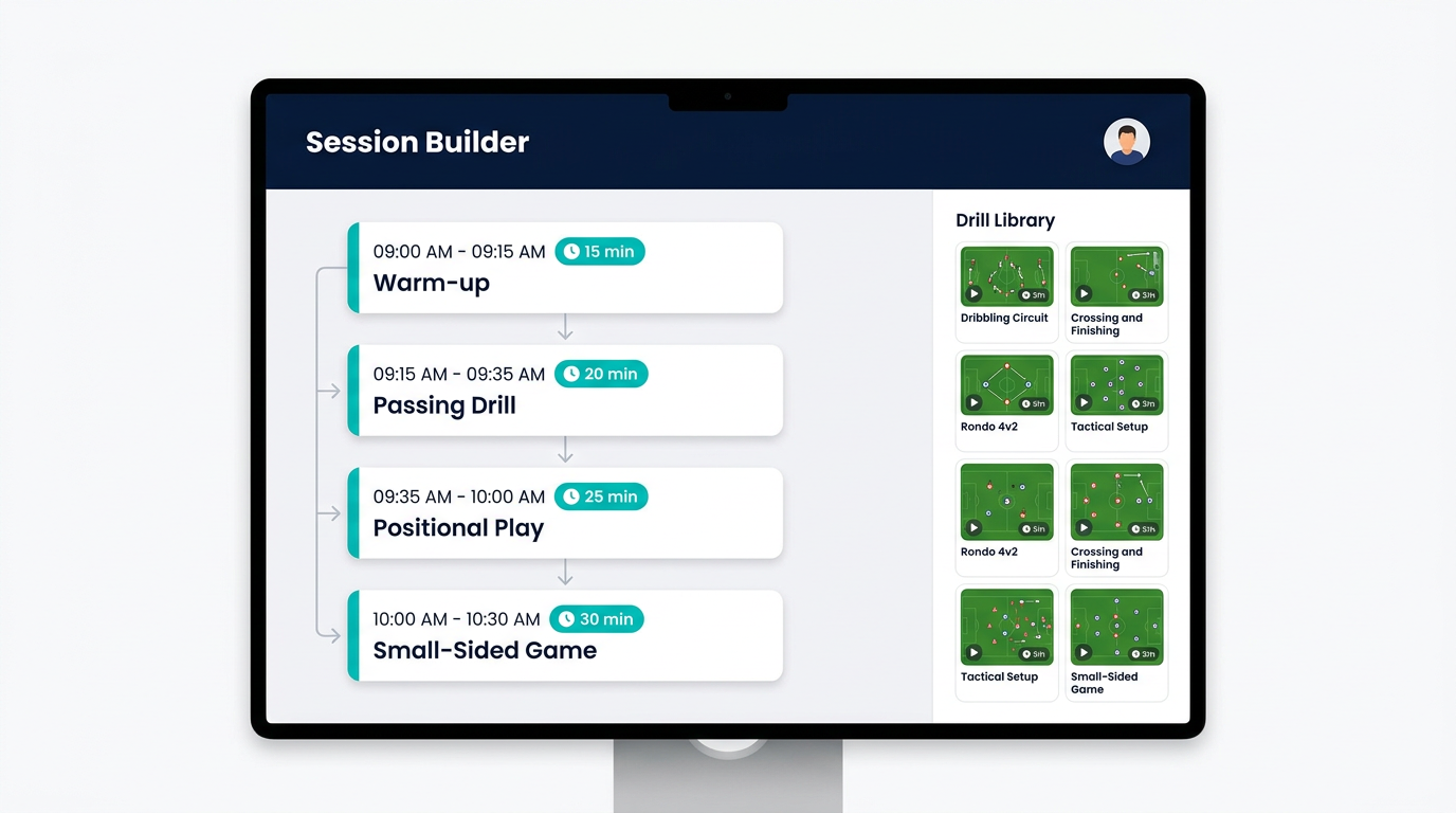 IrisCoach session builder with time-blocked drills and a drill library sidebar